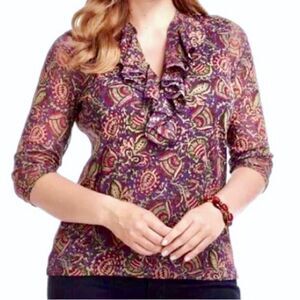 Chaps Denim by Ralph Lauren Ruffled Floral Knit Top in Purple/Tan/Red Women’s M